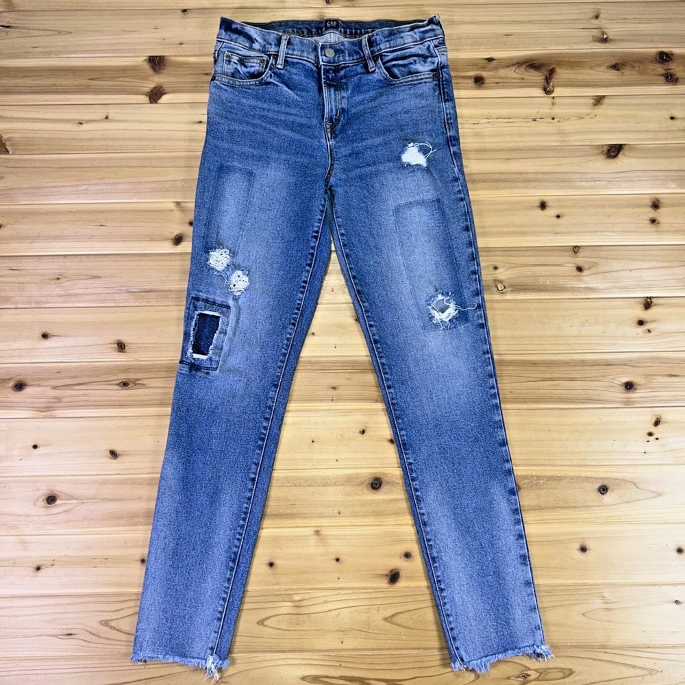 Gap Jeans Womens 29 Tall True Skinny Distressed Raw Hem Mid Rise Denim Blue Jean
